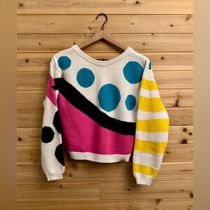 Vintage 80’s Idioms Size Medium Bright Colorful Pattern Cropped V Back Sweater